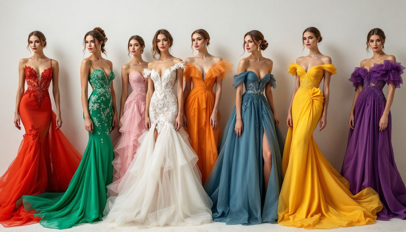 A vibrant display of dresses in various colors, perfect for wedding guests to choose from.