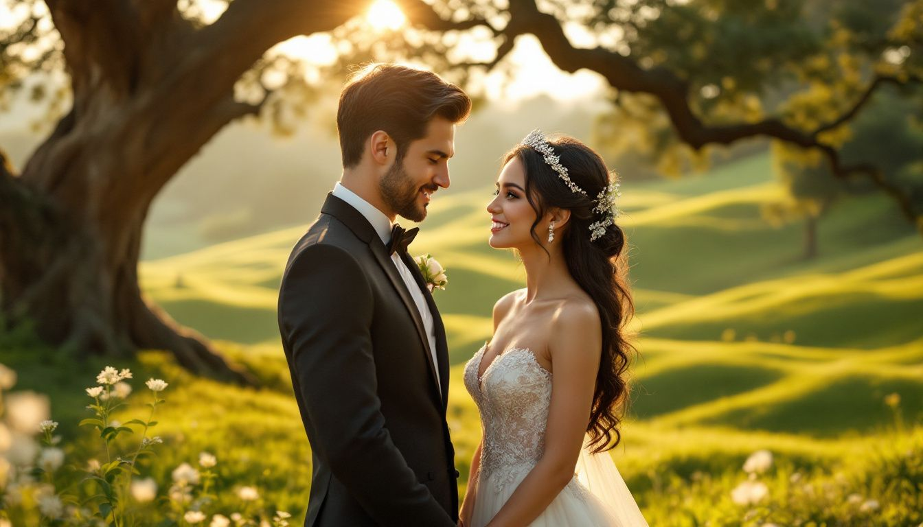 A beautiful outdoor wedding scene with guests dressed in formal attire.