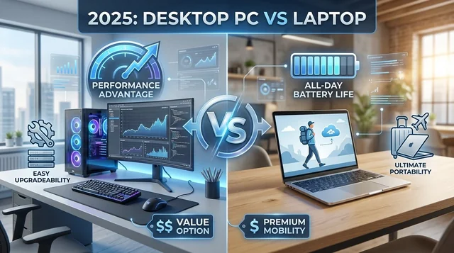 Side-by-side comparison of desktop PC tower with monitor and modern laptop showing performance, portability, and value differences for 2025 buyers