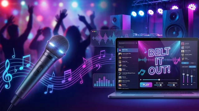 Professional karaoke software interface with microphone, speakers, and vibrant lyrics display showing modern 2025 karaoke technology for home and professional use