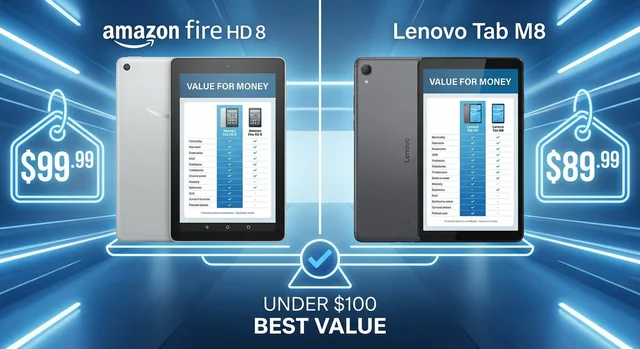 Comparison chart of best tablets under $100 including Amazon Fire HD 8, Lenovo Tab One, and Walmart onn tablets with pricing and specifications for 2025