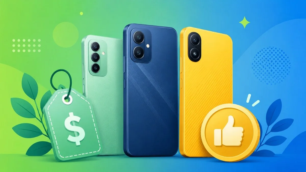 Affordable budget Android smartphones lined up beside a price tag