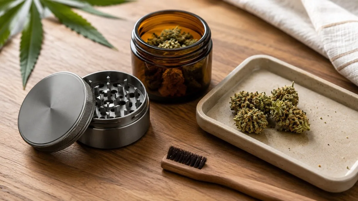 Cannabis accessories flat lay: grinder, jar, rolling tray