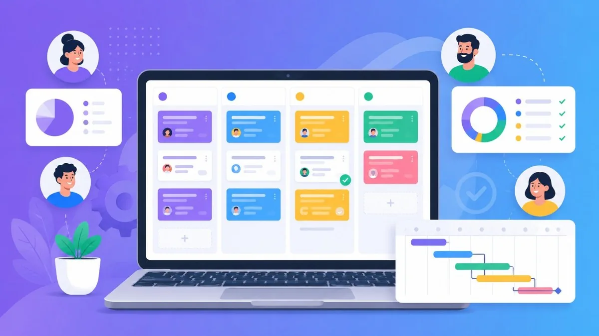 Project management software dashboard with task board