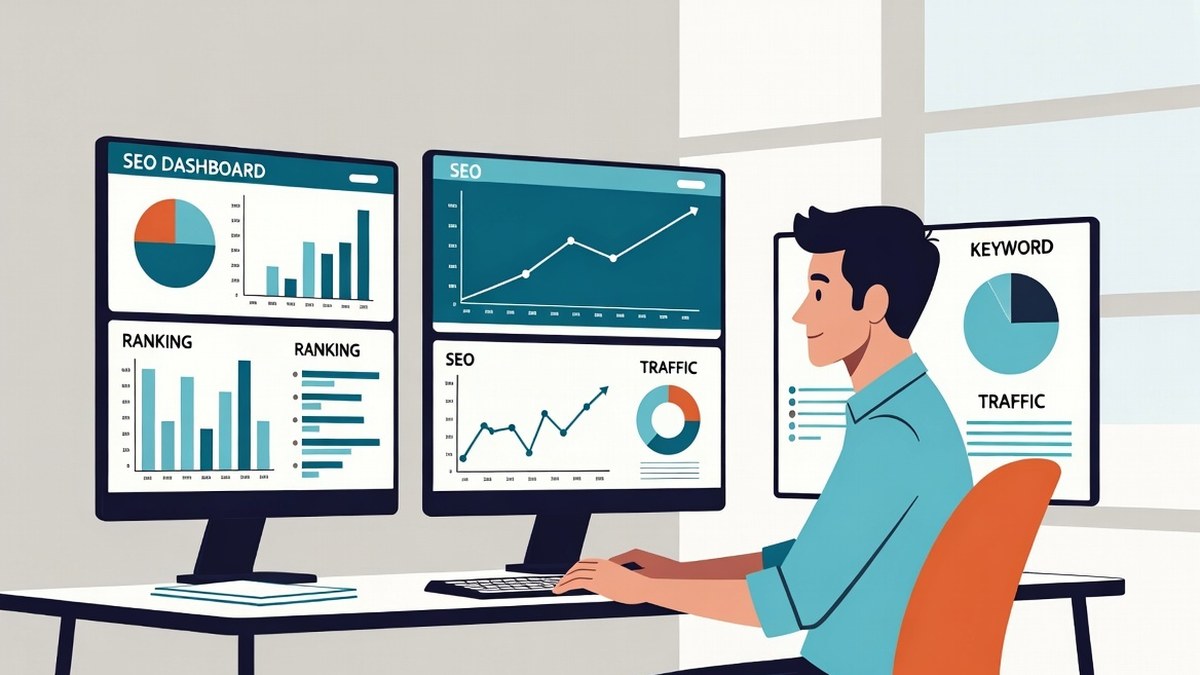 Marketer reviewing SEO dashboards with ranking, keyword and traffic charts across multiple screens