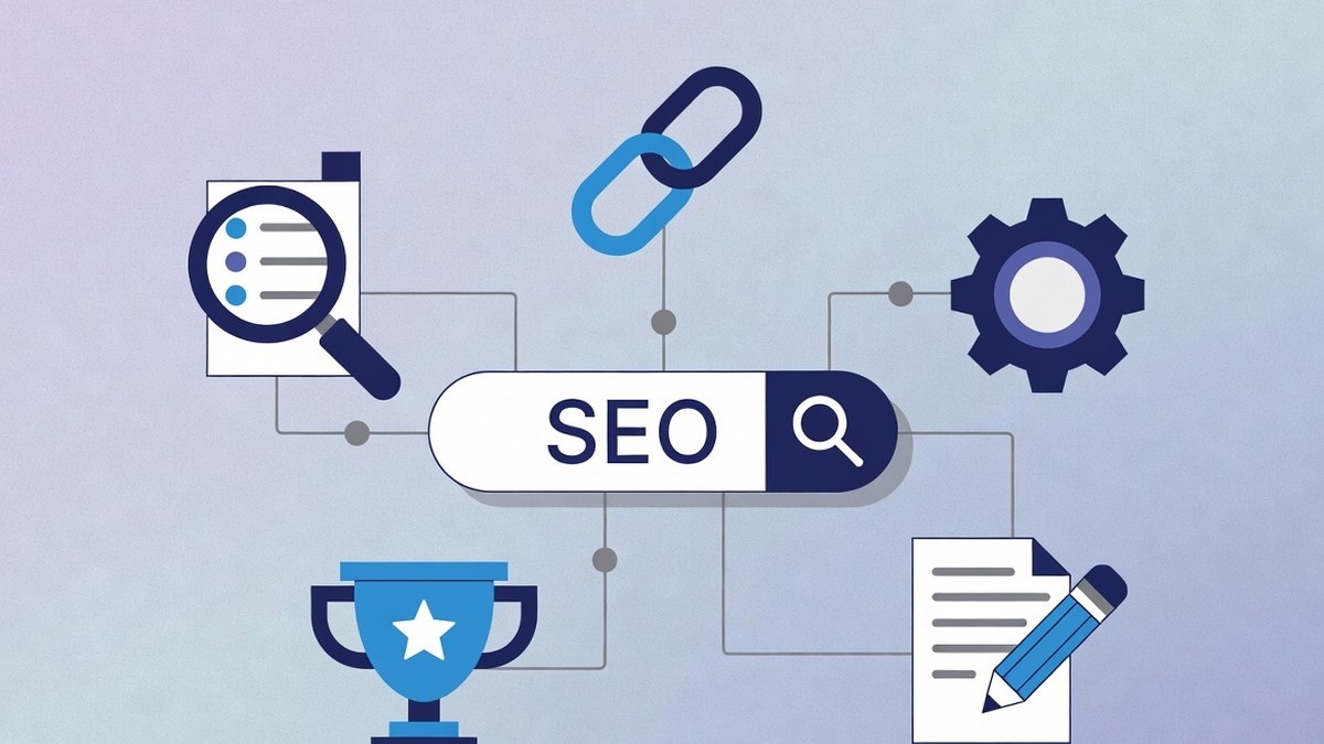 Diagram of the five core SEO tool categories: keyword research, backlinks, technical SEO, rank tracking and content