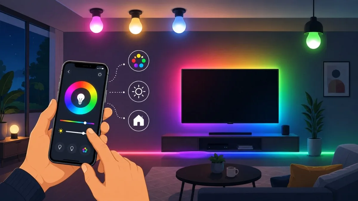 A phone app controlling colorful smart bulbs and an RGB light strip in a living room