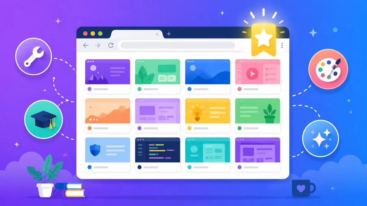 A web browser showing a grid of useful website tiles with a bookmark star