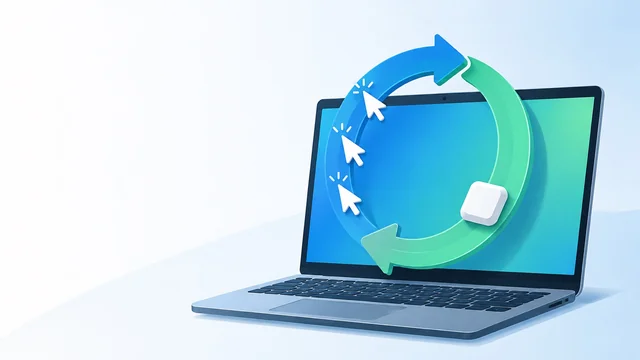 Illustration of a laptop with a circular replay loop and repeated cursor icons representing recorded automated tasks