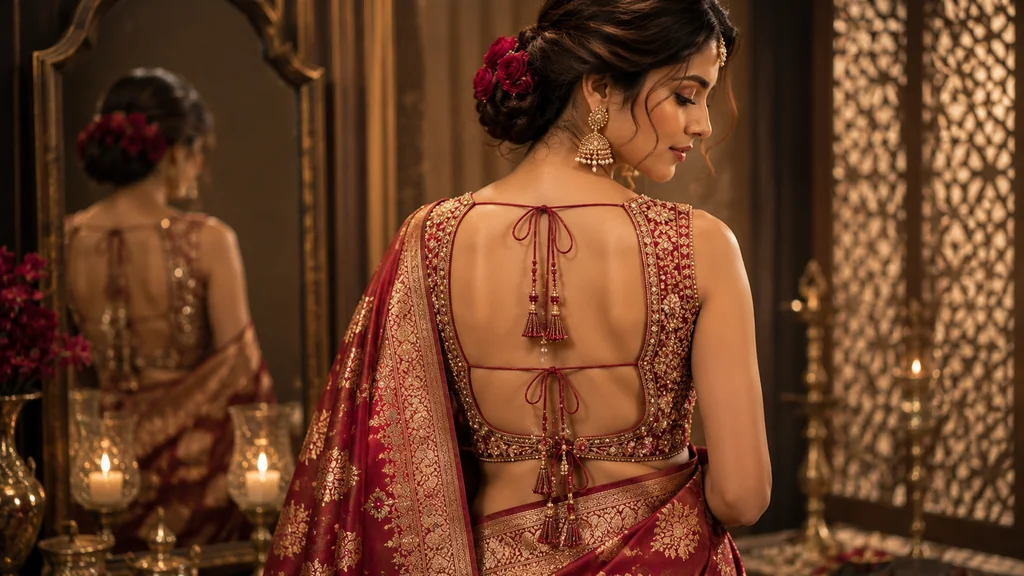 Backless blouse with dori tie-ups and tassels for bridal saree