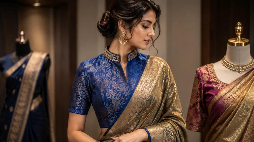 Collared blouse in royal blue brocade — modern Indian fusion style