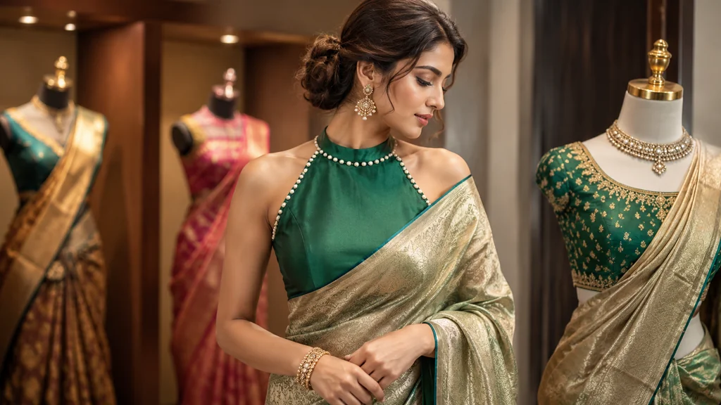 Halter neck blouse paired with silk saree — modern Indian fashion