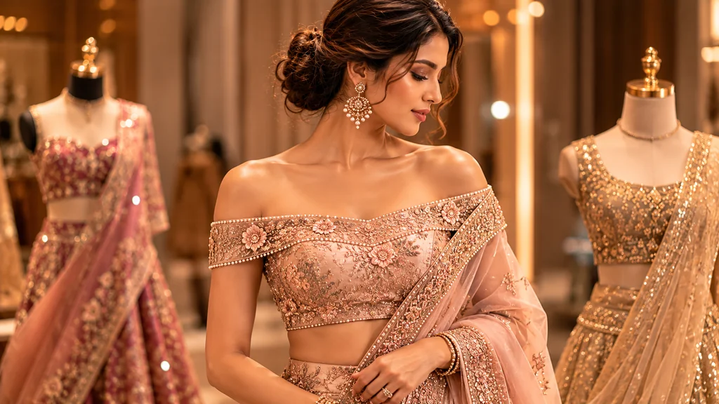Off-shoulder blouse in rose-gold organza for cocktail event