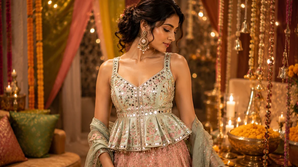 Peplum blouse with mirror work and floral embroidery for Mehendi