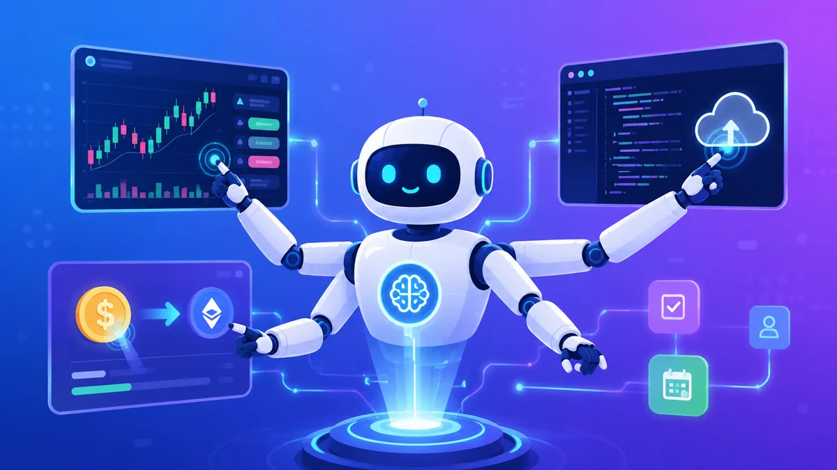 An AI agent autonomously executing a crypto trade, a payment and a cloud code task on floating panels