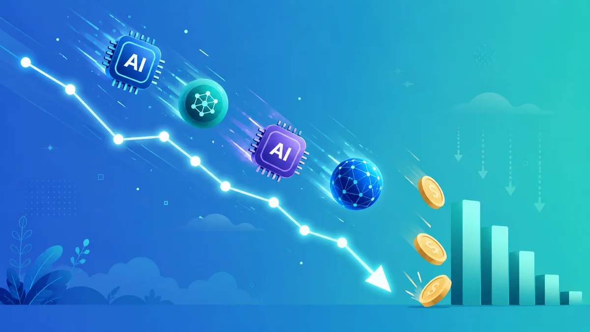 Illustration of falling AI token prices with competing AI company logos in a price war