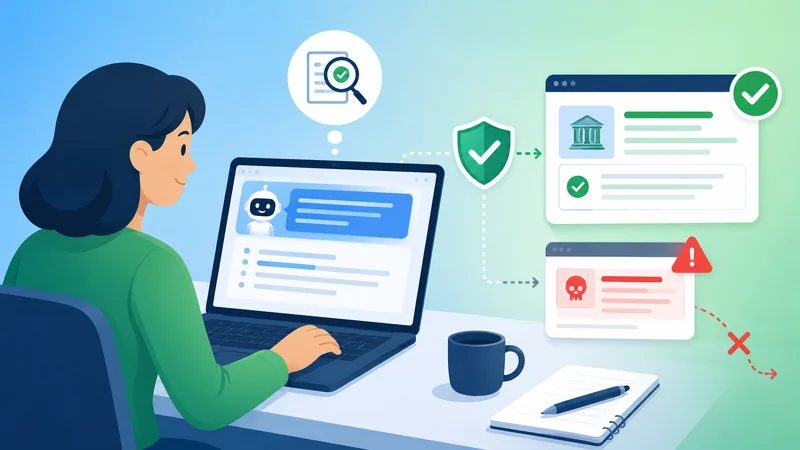 A person verifying an AI answer against trusted sources to avoid scams