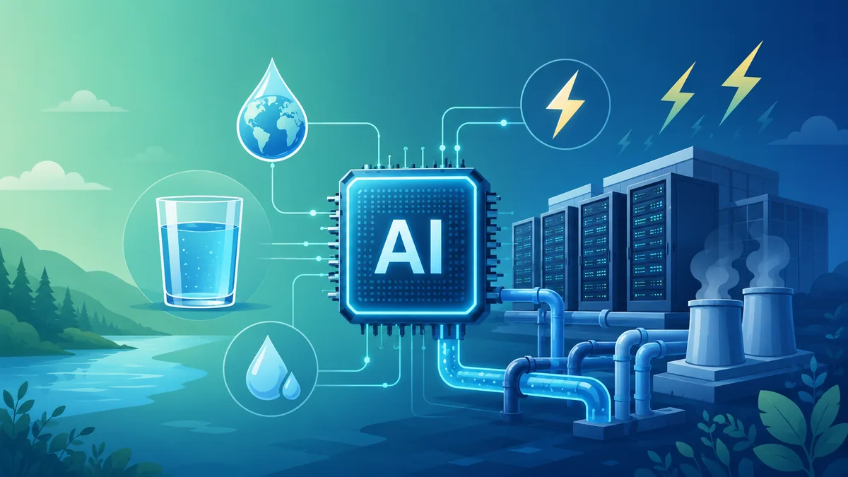 An AI server connected to water droplets and cooling pipes, illustrating AI's water footprint