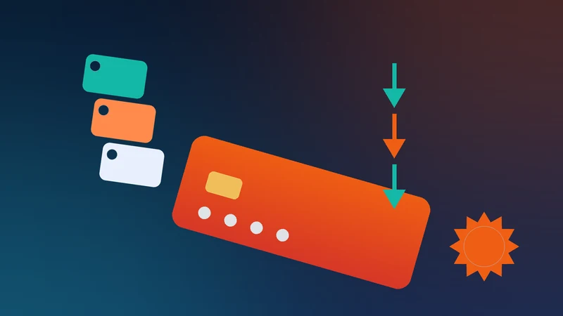 A credit card and a smartphone with layered discount tags illustrating stacked bank offers, EMI and exchange savings