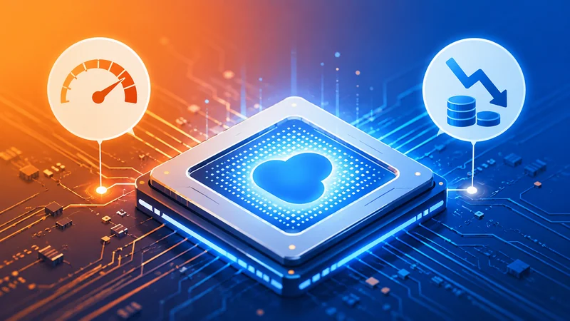 Close-up illustration of an AI accelerator chip with performance and cost callouts