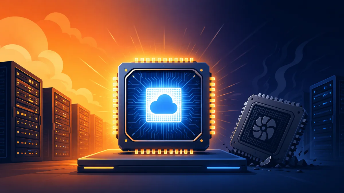 Amazon Trainium AI chip challenging Nvidia — a glowing AI processor on a data-center backdrop