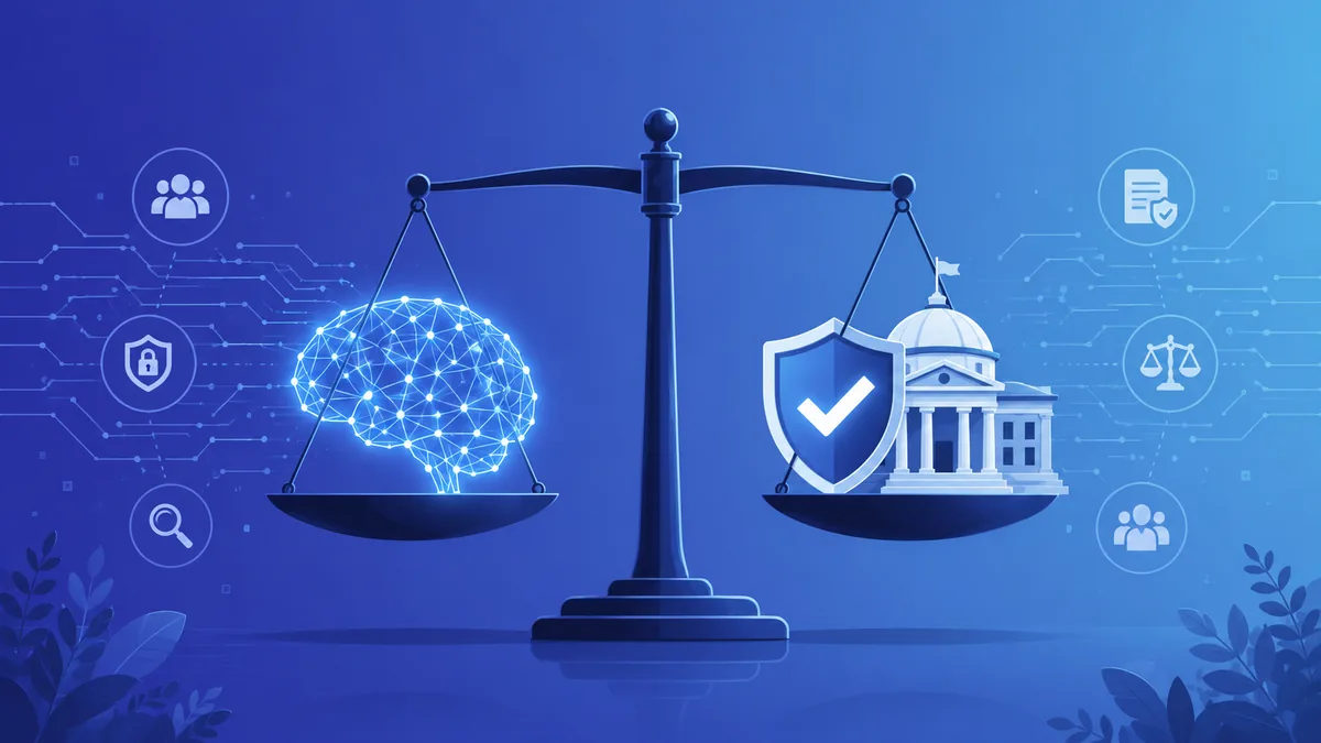 Conceptual illustration of AI governance — a balance scale weighing a glowing AI brain against safety and policy symbols
