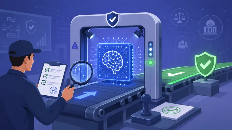 Illustration of a frontier AI model passing through an independent safety inspection checkpoint before release