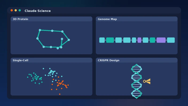 A unified research dashboard showing a 3D protein, a genome map, single-cell data and a CRISPR panel