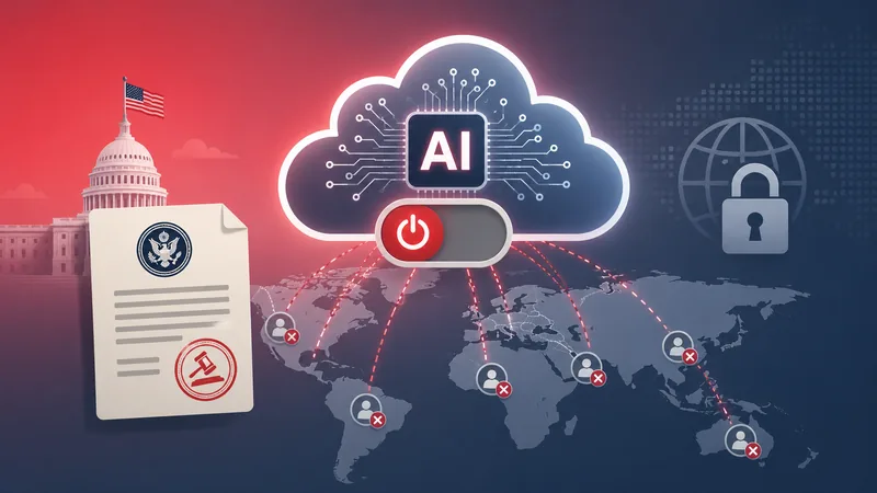 Illustration of a cloud AI model access being switched off globally to comply with a government order