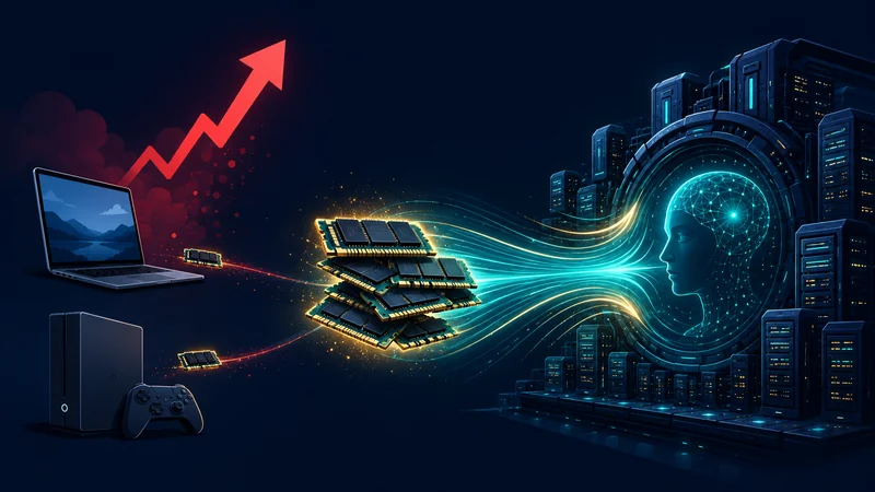 An AI data center pulling memory chips away from a laptop and console in a tug-of-war