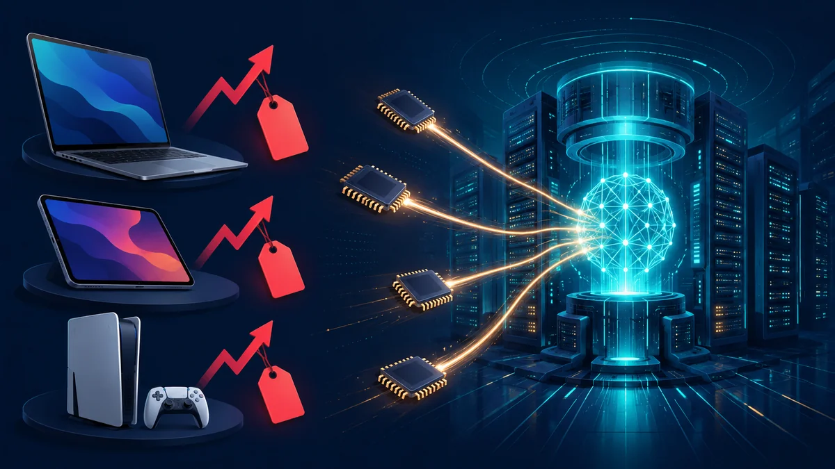 A laptop, tablet and game console with rising price arrows as an AI data center pulls away memory chips