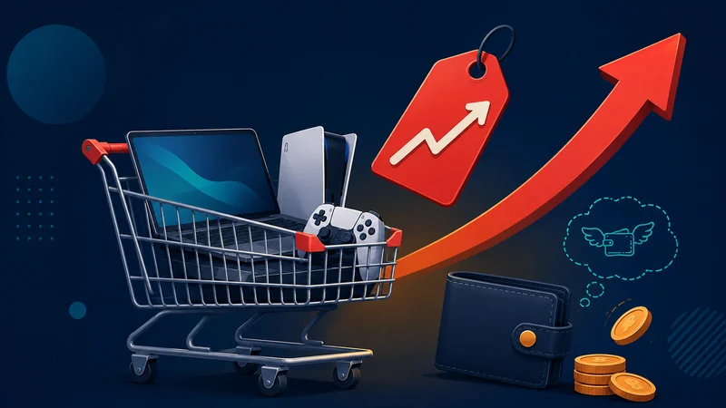 A shopping cart with a laptop and console showing a rising price tag