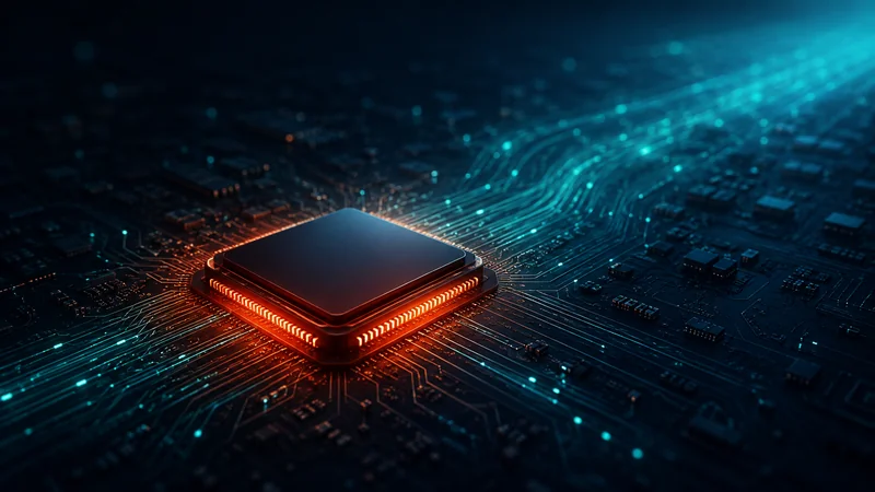 A glowing Apple Silicon chip on a dark background symbolizing the M5 to M7 roadmap
