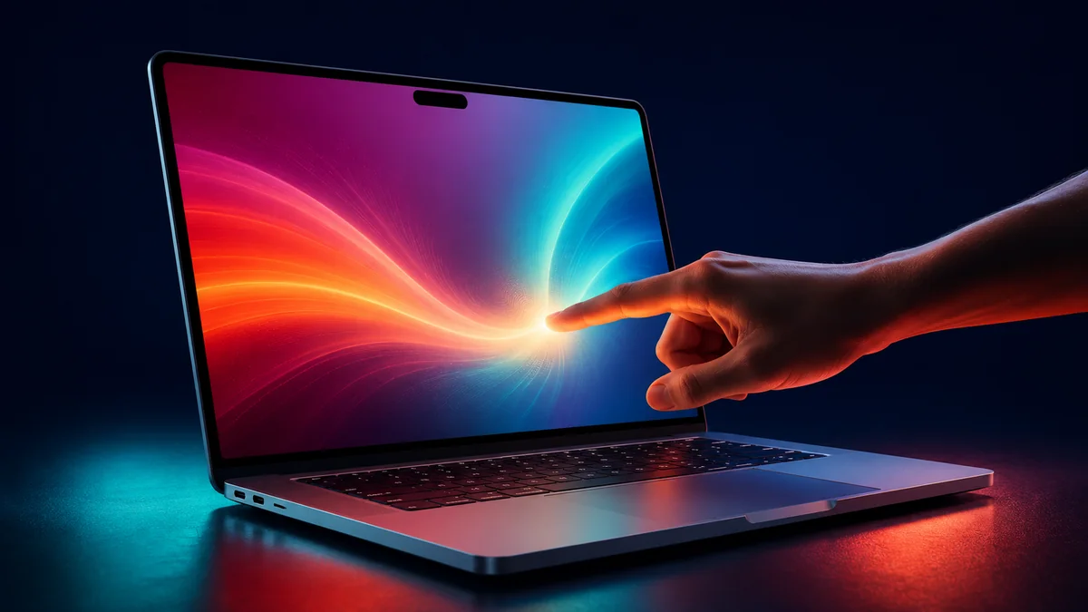 A sleek MacBook Pro with a finger touching a glowing OLED screen and a Dynamic Island pill at the top