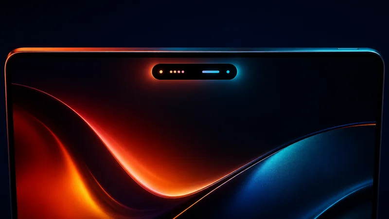 Close-up of a vibrant OLED MacBook Pro display with a Dynamic Island pill showing a Live Activity