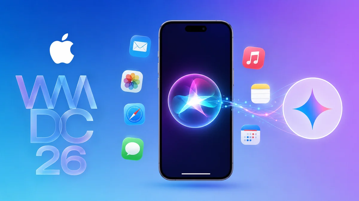 Apple WWDC 2026 keynote stage showing the new Siri AI and iOS 27 on an iPhone