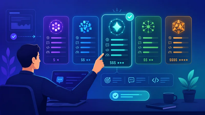 A person choosing between AI models on a dashboard of options