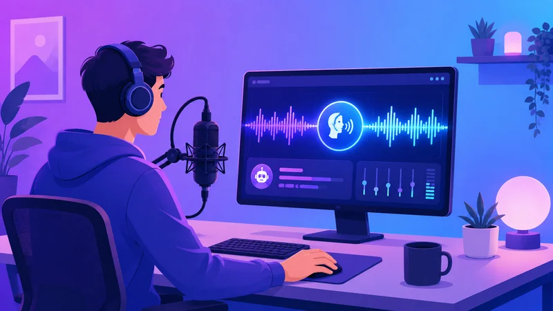 Creator recording an AI-generated voiceover at a modern desk setup