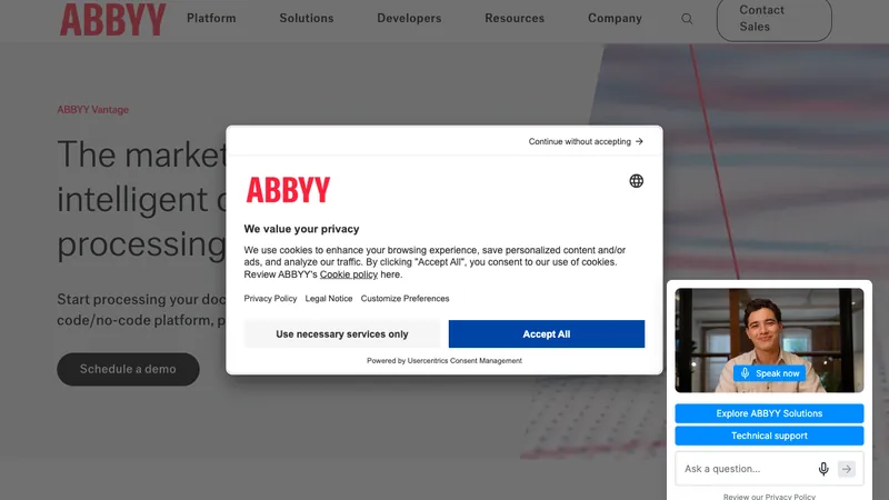 ABBYY Vantage website homepage screenshot