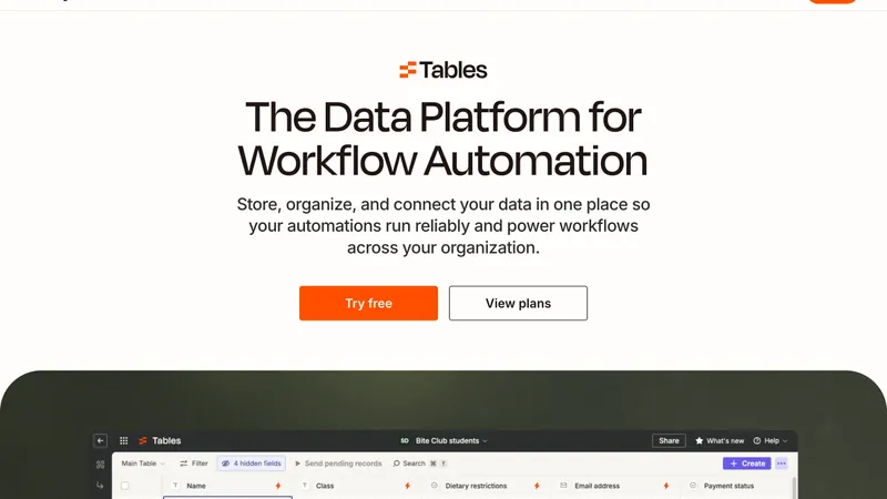 Zapier Tables website homepage screenshot