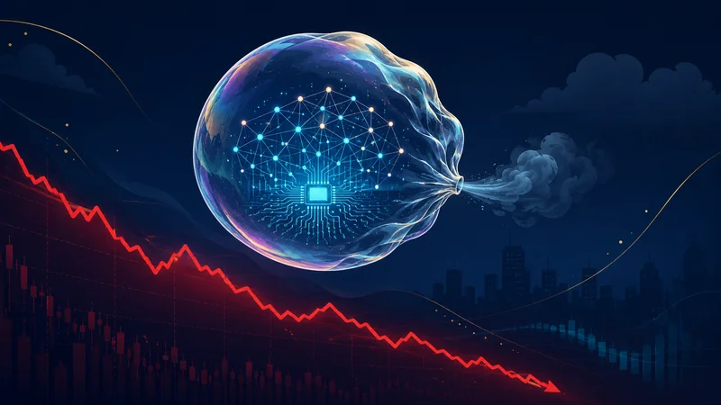 A translucent AI bubble slowly deflating above a downward stock chart line