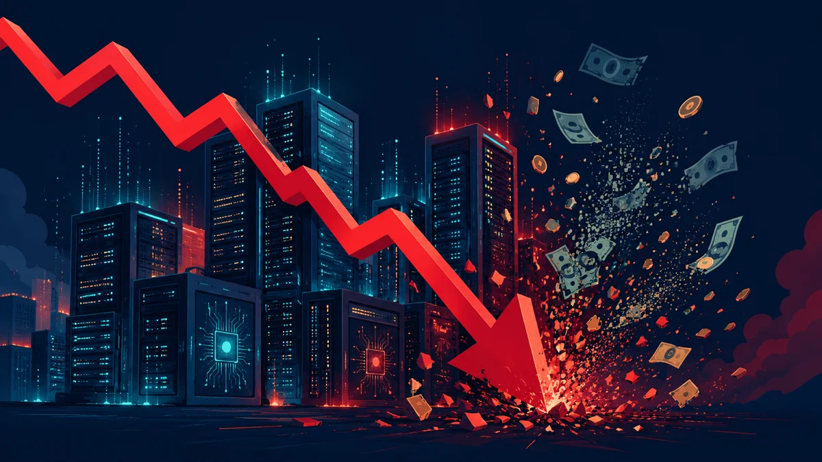 A steep downward red stock chart over glowing AI data-center towers, value evaporating
