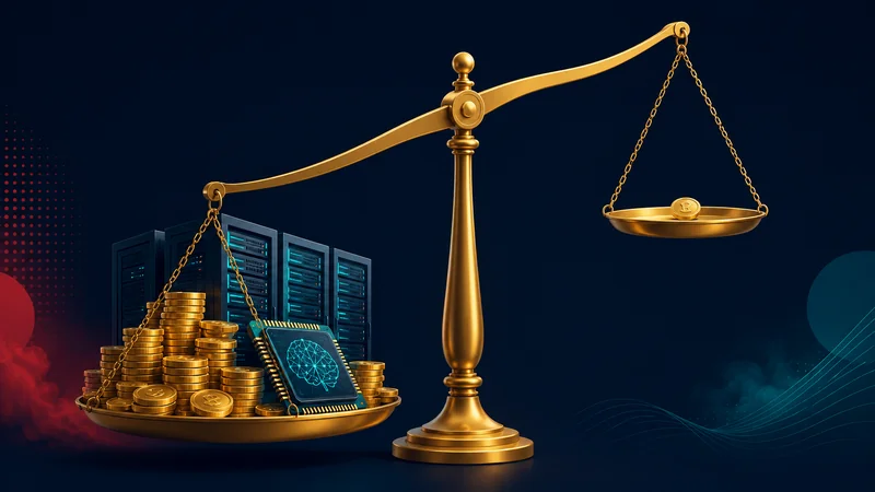 A balance scale tipping heavily toward AI spending versus tiny returns