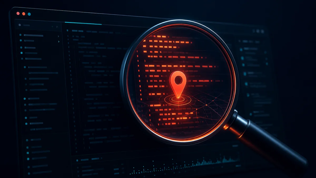 A magnifying glass revealing hidden glowing code inside a terminal, with a subtle location pin