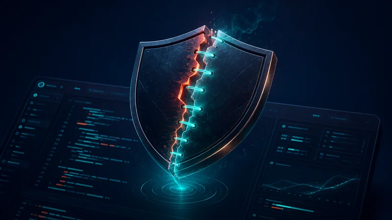 A cracked trust shield over a code editor being repaired with a glowing patch