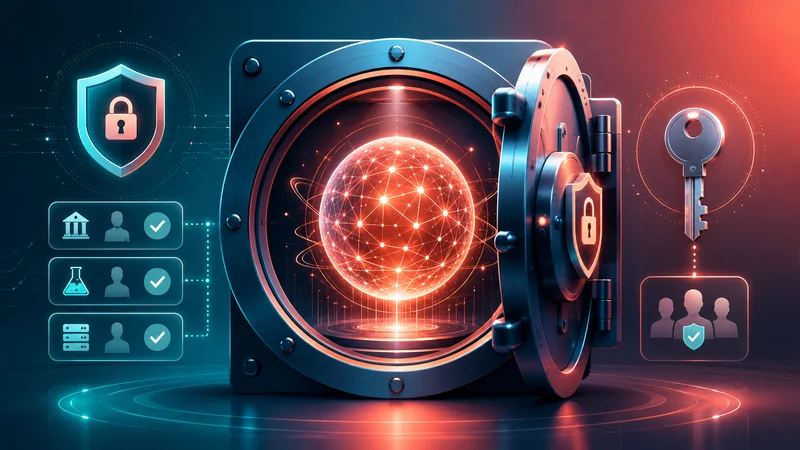 Conceptual illustration of the Mythos AI model behind a secure vault, representing restricted access