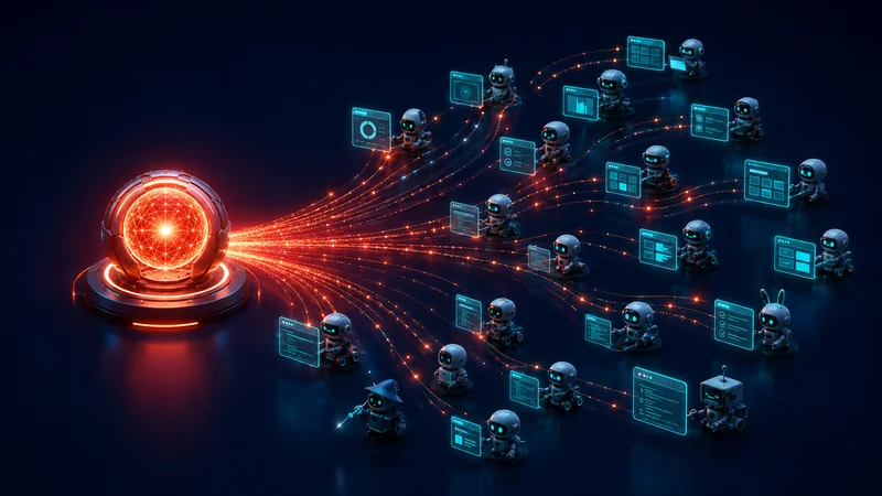 A central AI model dispatching many small autonomous agent bots that use browser and terminal tools