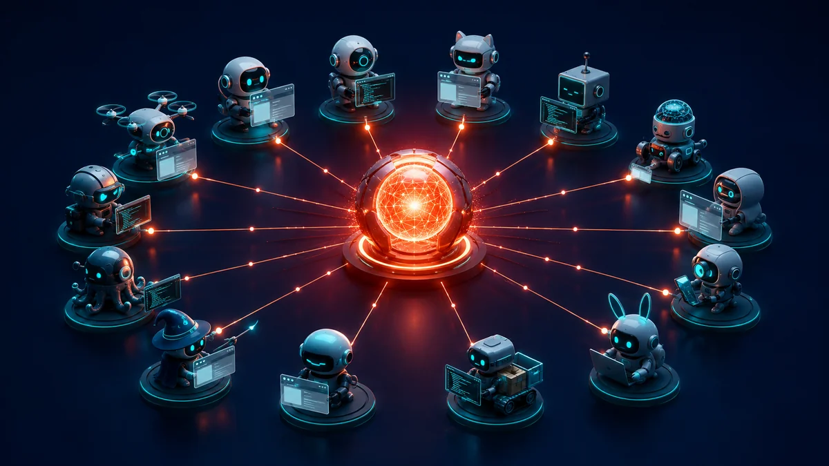 A glowing AI core labeled with a sonnet motif powering autonomous agent nodes