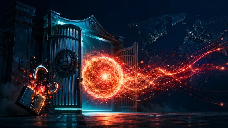 A glowing padlock springing open on a government gate, releasing a bright AI core