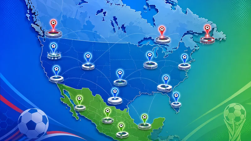 Map-style illustration of FIFA World Cup 2026 host cities across the United States, Canada and Mexico